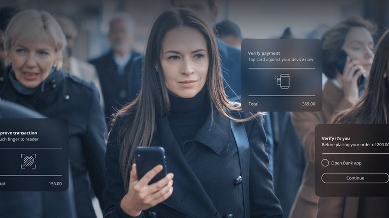 Person holding their smartphone with an overlay of different actions requiring authentication