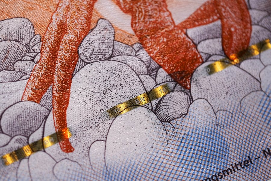 Close-up of a banknote and the security features